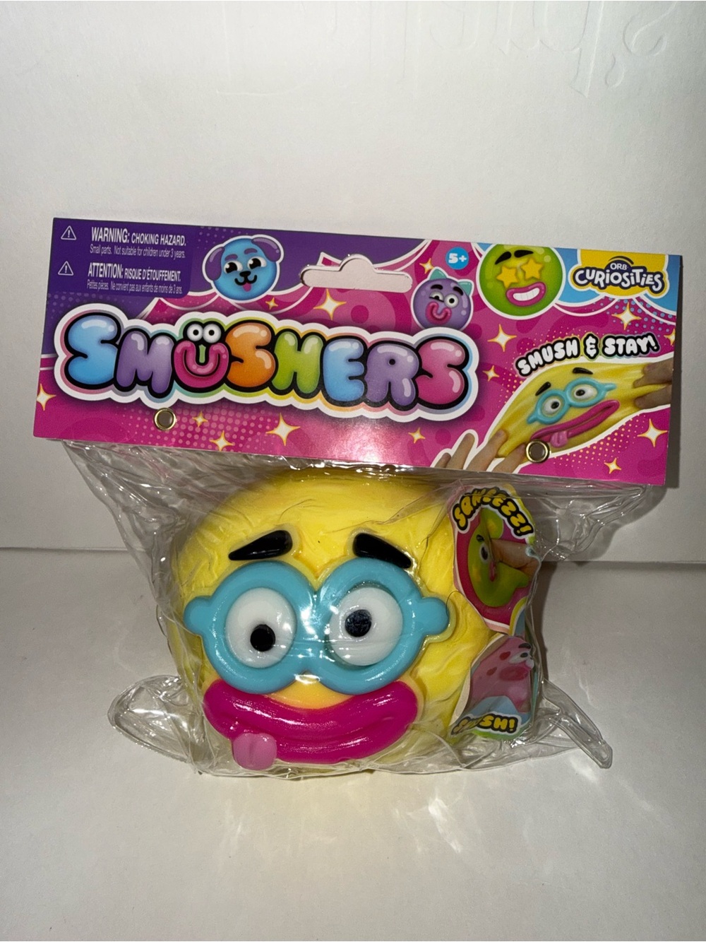 ORB Smushers Squishy Squeeze Toy Yellow Face w/ Blue Glasses Ages 4-7